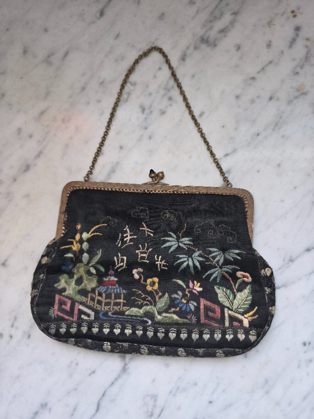 Vintage Asian Embroidered Silk Evening Purse Brass Frame Jeweled Clasp Chain